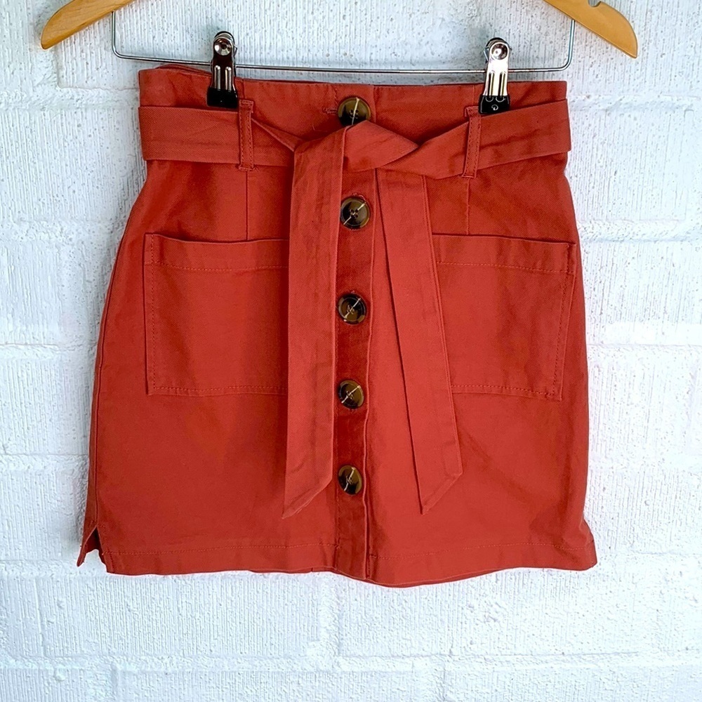 Miss Selfridge Coral Big Button Down Belt Tie Mini Skirt sz 4